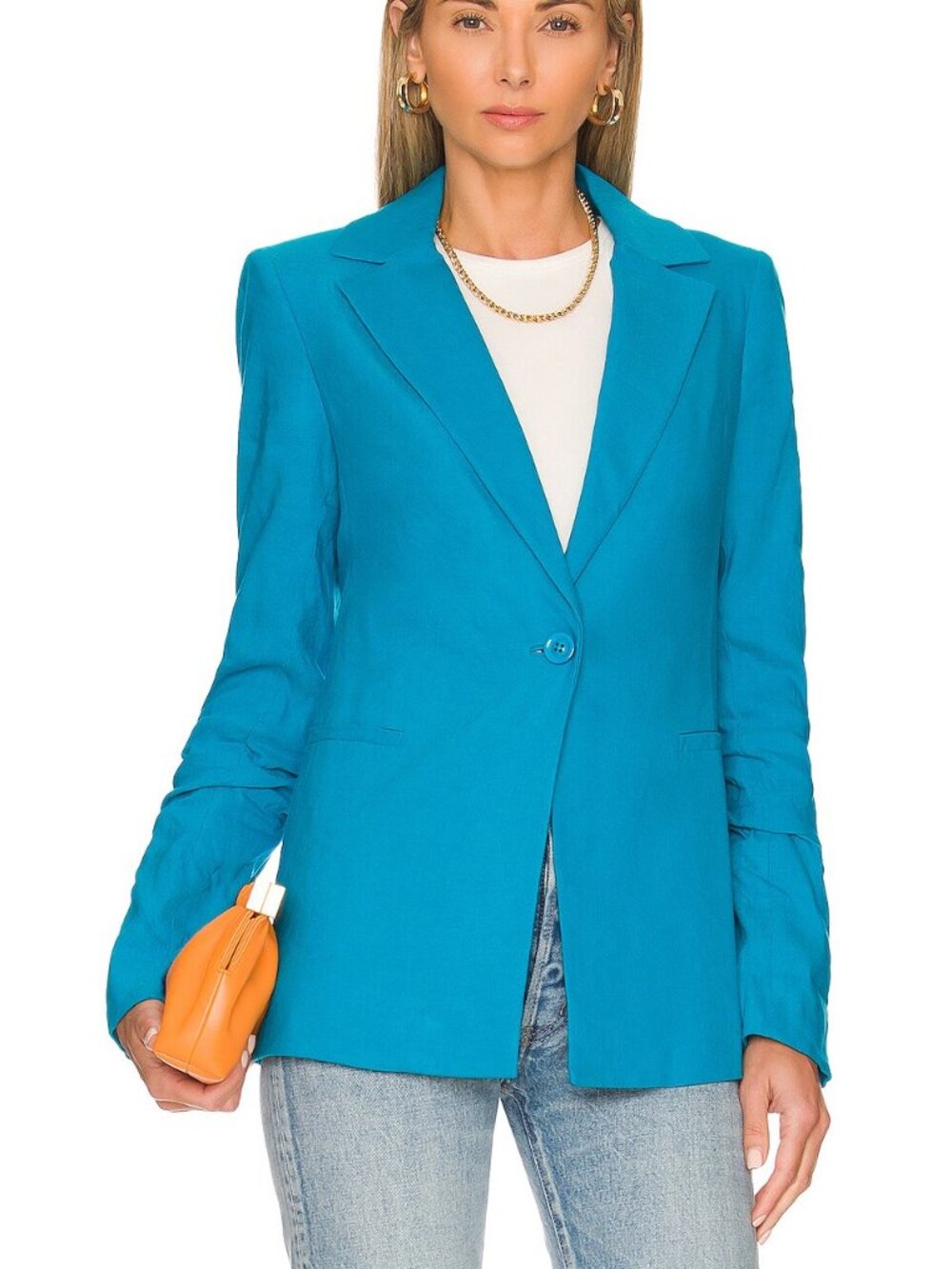 Alice + Olivia Linen Blend Single Button Blazer 8 Ocean Blue Office Workwear